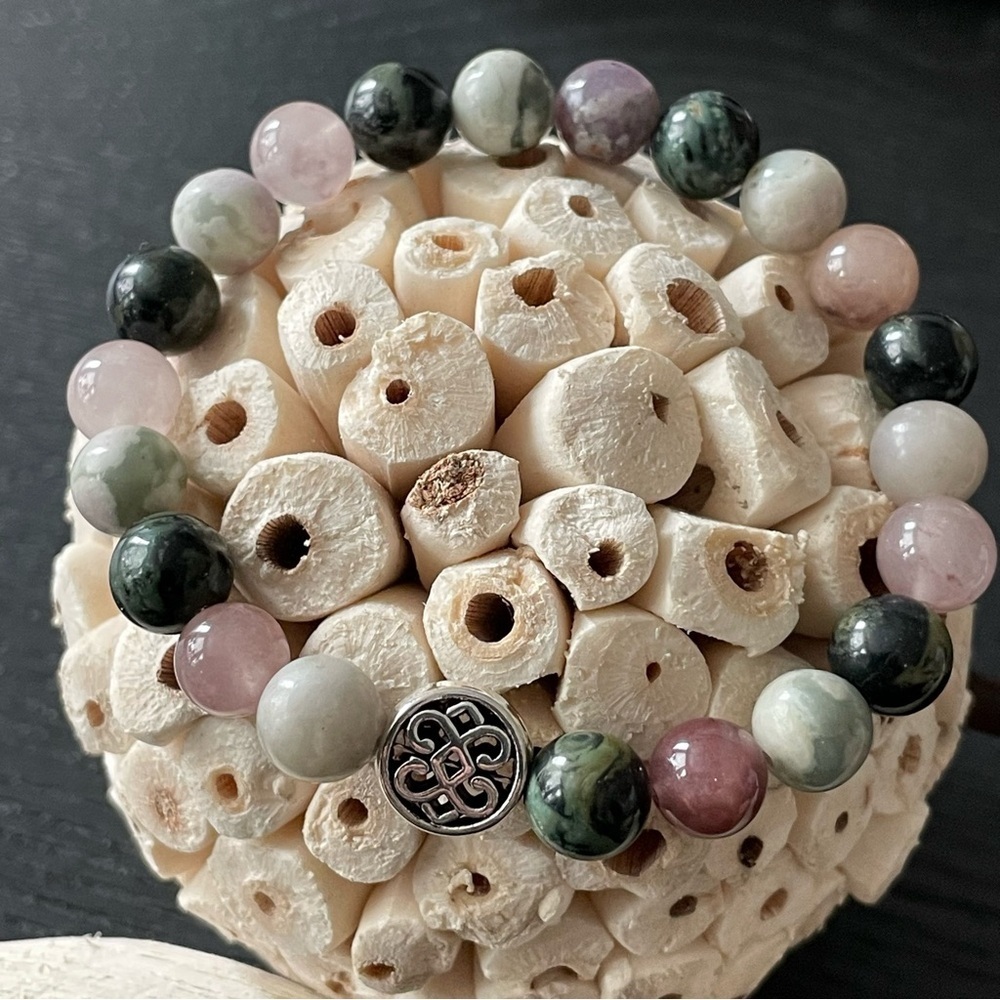 Natural Stone 8mm Boho Bead Bracelet 7 Inches - Tourmaline Jasper Agate